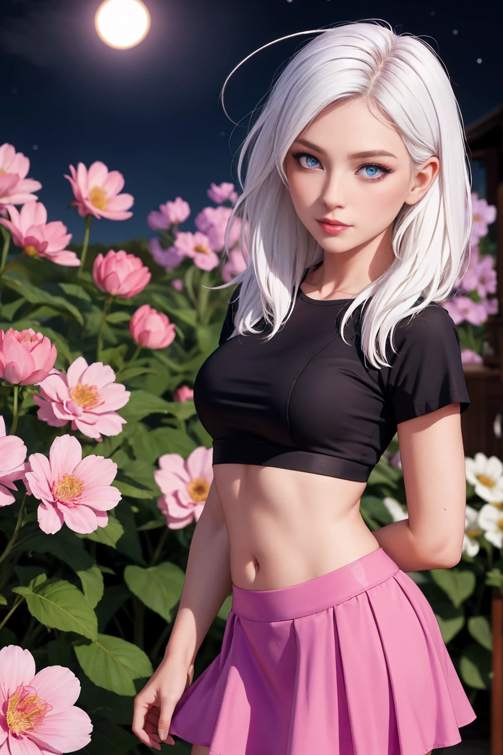 realistic, 1 girl, White hair, Purple eyes, Brilliant eyes, crop top, skirt, parted lips, blush, night, flowers, Sun, Sunlight,