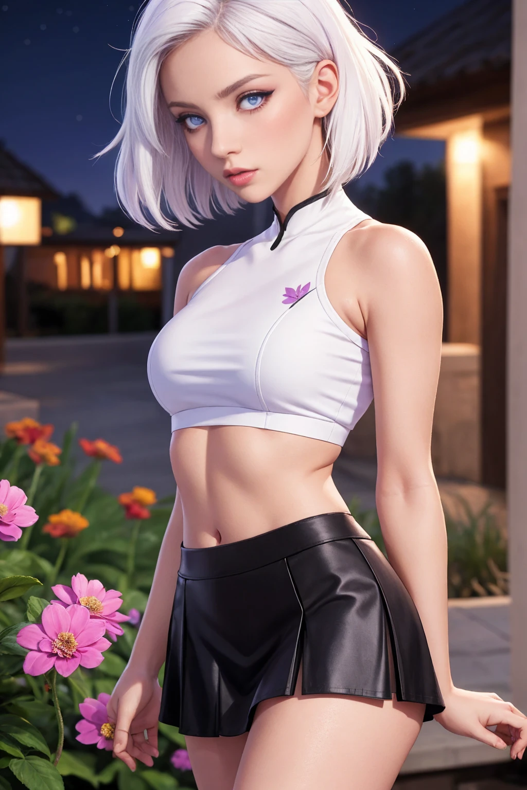 realistic, 1 girl, White hair, Purple eyes, Brilliant eyes, crop top, skirt, parted lips, blush, night, flowers, Sun, Sunlight,