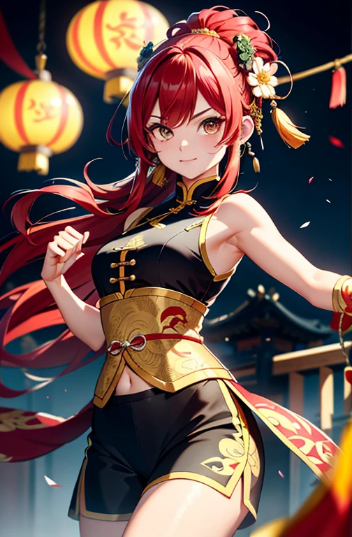 (Top quality、8k、32k、masterpiece、Ultra HD、Very detailed:1.2)、whole body, Chinese dragon and flame、Chinese Lantern，Kick、kung fu pose、Raise one leg，Chinese black shorts、Beautiful face、Blurred background、16-year-old beauty、Smooth skin、Red Hair、Extra long hair、Double the goodness、black eyes、Red Chinese clothing、floral hair accessories，Chinese Kongfu