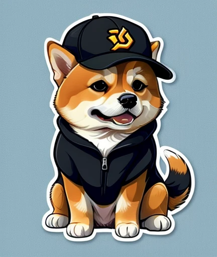 sticker, vector-art, cute cartoon of dog, Cute Shiba Inu wearing a baseball cap