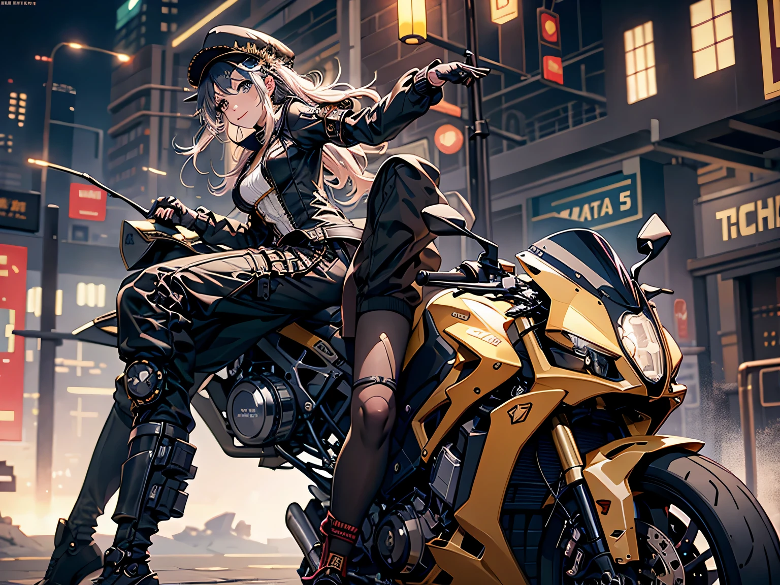 (Line art_anime),(Cowboy Shot, highest quality, ),(Photo by Laura Budd:1.2),(Laura Add details:1.0),8K, Flat Color:0.8,Dynamic Angle,1 girl,smile、(On a steampunk motorcycle:1.5)、An elaborately decorated motorcycle、(Highly decorative and complex mechanical steampunk fashion, lace flare dolphin hat、goggles 1.5、machinery background、Gear background、Intricately mechanized steampunk cityscape 1.5),