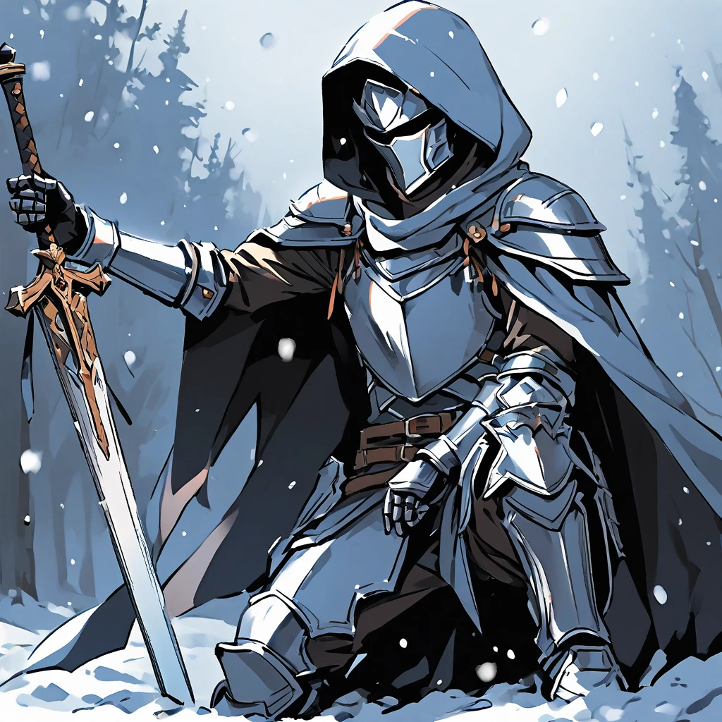 solo, 1boy, holding, sitting, weapon, male focus, sword, hood, cape, holding weapon, armor, glowing, holding sword, gauntlets, cloak, snow, 1other, hood up, snowing, one knee, planted, full armor, planted sword, ambiguous gender