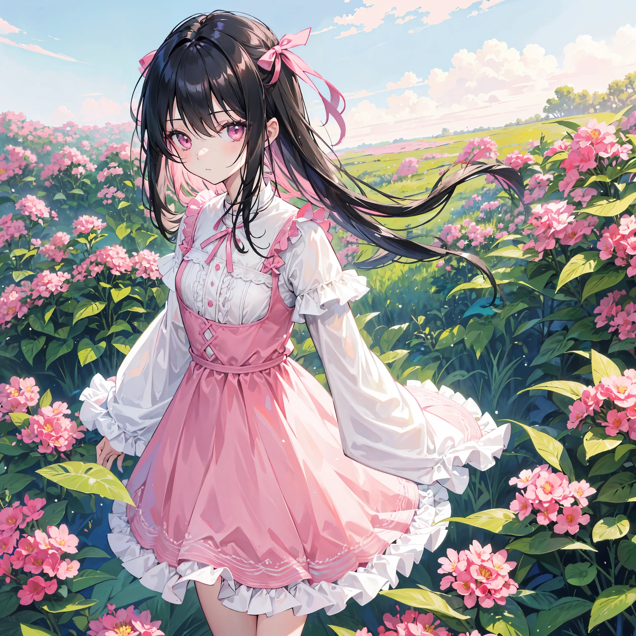 Main Subject: 1 girl only, adult girl, mature, moderately sized chest, long black hair, slim face, pink eyes, 1 pink ribbon on hair, wearing cute clothes, farmer, charming, cute face. Subject Position: standing, looking at camera. Setting: flower fields, morning sky. High contrast, sharp light, clear image.