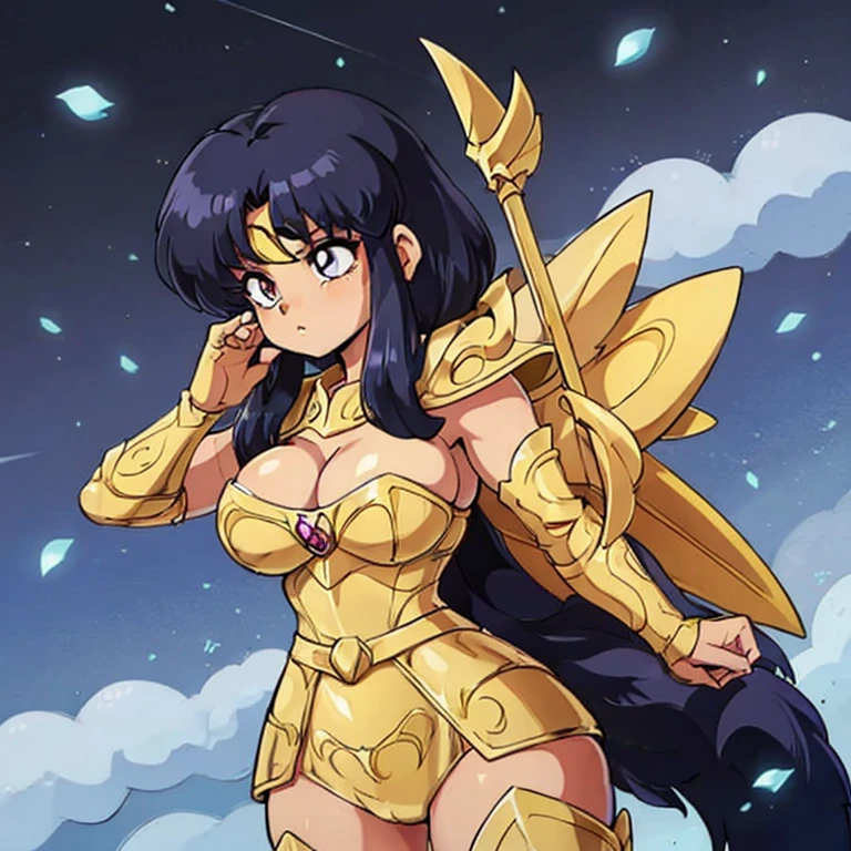 Akane tendo, cabello azul, Cabello corto, ojos azules, ojos detallados, cara de placer, muslos, pechos grandes, cuerpo completo, pose vulgar, vulgar, pechos vulgares, escote muy grande, senos grandes, armadura dorada, Saint Seiya Zodiac, Zodiac Sagittarius gold Armor, armadura brillante, sexy Armor, pose sexy Cleavage Bulge, bursting Breasts, Spilling Out, pose sexy