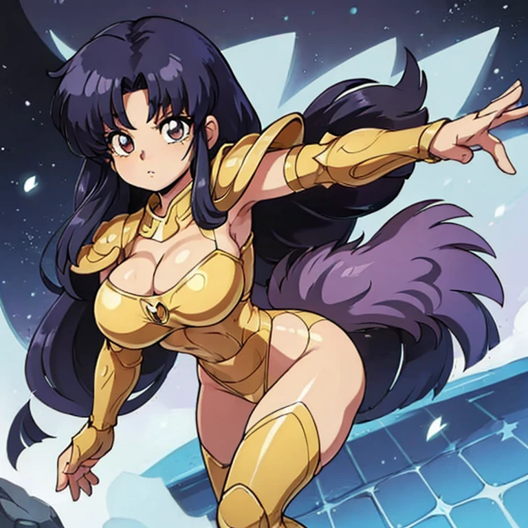 Akane tendo, cabello azul, Cabello corto, ojos azules, ojos detallados, cara de placer, muslos, pechos grandes, cuerpo completo, pose vulgar, vulgar, pechos vulgares, escote muy grande, senos grandes, armadura dorada, Saint Seiya Zodiac, Zodiac Sagittarius gold Armor, armadura brillante, sexy Armor, pose sexy Cleavage Bulge, bursting Breasts, Spilling Out, pose sexy