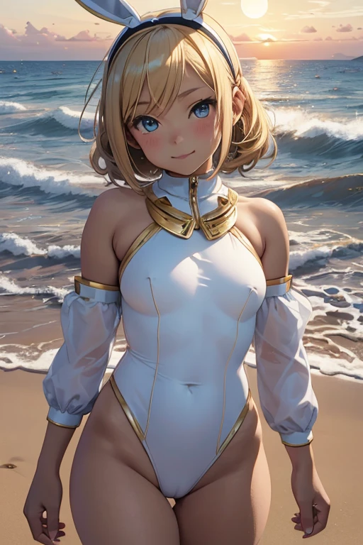 Photo of beautiful jpn-gyaru, masterpiece, 1 girl,
((8 girl:1.5)),chibi , Cyborg girl with blonde bob hair and blue eyes and dark skin, (blonde bob hair: 1.2), big breasts,seductive smile, (mechanical bunny ears headband: 1.2), headphones,(white highleg leotard, (camel-toe):1.2), enamel sleeve, (crescent moon sunset:1.3), bayside, shore, on the beach, cowboy shot,