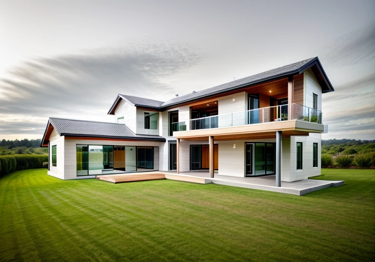 exterior house, contemporary style, white wall, wood wall, wood door, glass window, (realistic:1.2), Masterpiece, high quality, best quality, authentic, super detail, outdoors,road,pavement, grass, trees, sky, cloud, (daylight:1.1)