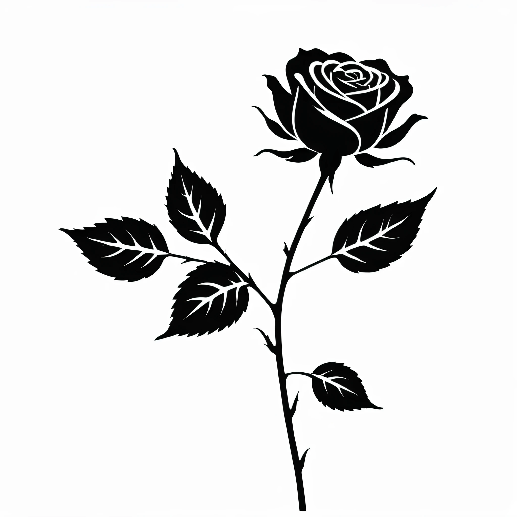 a black silhoutte of A single rose with elegant petals and a slender stem, accompanied by a few delicate leaves and thorns