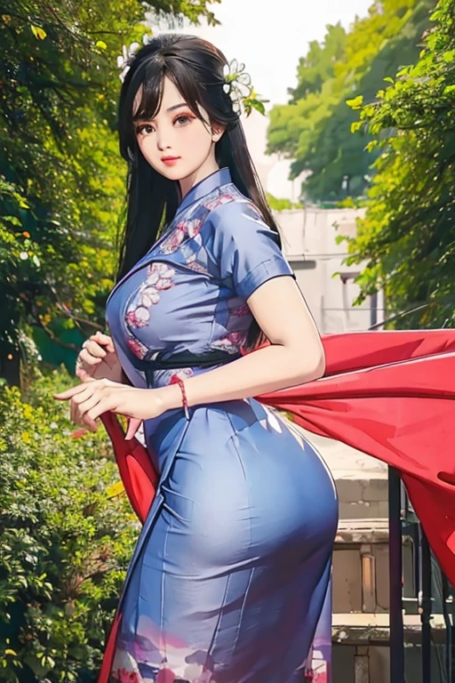 Front view,8k,best quality,8k,Tyndall effect,Very detailed,best quality,Best masterpiece,maximum rendering,Ultra HD,Movie lighting effects,Exquisite facial expressions,and there's a feeling of light,fantastic style,close up,Long distance,A beauty,single,Facing the audience,Swaying figure,Beautiful curves,tender as water,Chinese style high waist slit cheongsam beauty,Wearing blue and white porcelain cheongsam,like a shining pearl,Long legs,Show your thighs,hip line,Elegant yet noble,Blue eyes sparkle,Super long blue hair,Back to Sandalwood Terrace,Standing on the balcony of a high-rise building, Looking at the bright moon,(Two arms,Five fingers,Two Legs),Animation style,Animation movie stills