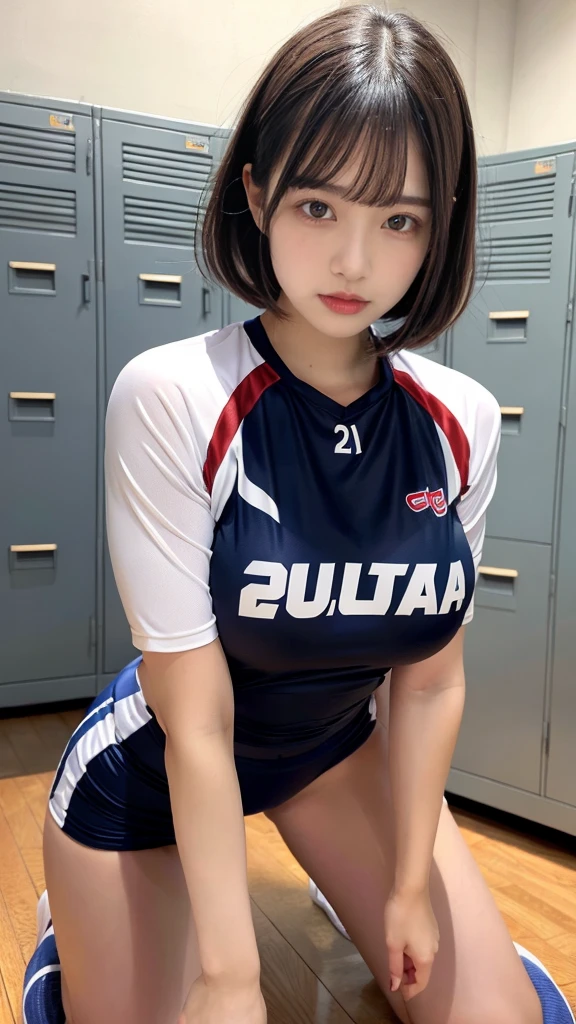 muste piece, best quality, illustration, Super detailed, fine details, High resolution, 8K,wall paper, perfect dynamic composition,(Details High quality, realistic depiction of eyes:1.3), (short hair volleyball player, Volleyball Uniforms), Tight clothes, locker room, (large breasts), black hair color, Big Natural Color Lip, bold sexy pose, (perfect body shape), Do gal makeup, sexy face, Harajuku style、20 year old girl、cute type、ta、beautiful legs, hposing Gravure Idol, Voluptuous thighs, getting pounded from behind, on all fours