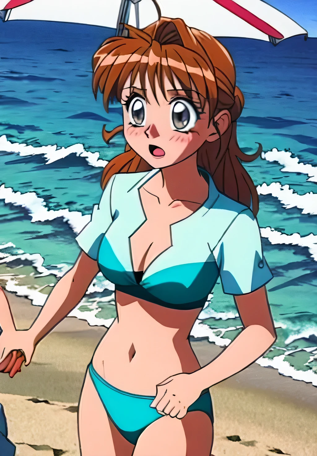 alone,Ocean,bikini,Swimwear, blush, Open_mouth,Embarrassing,a man grabs my hand,masterpiece, expensive quality, very_expensive_solve, big_file size, Full Color,