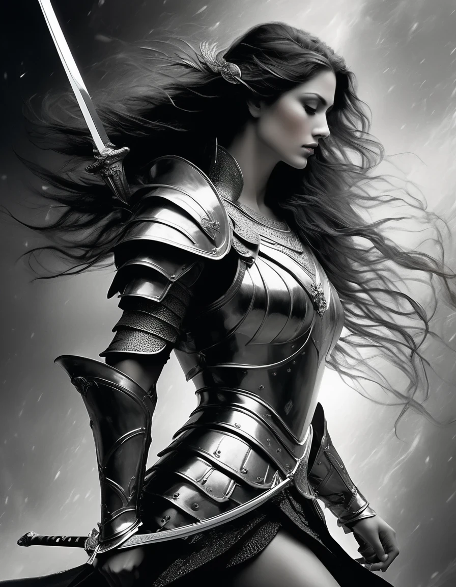 in style of Lillian Bassman,(best quality,4k,8k,highres,masterpiece:1.2),ultra-detailed,(realistic,photorealistic,photo-realistic:1.37),in style of Scarlett Hooft Graafland,side view,Sword Warrior,ink art,warrior,graceful pose,dramatic lighting,black and white,contrast,highly detailed ink lines,delicate ink texture,subtle ink shading,ethereal atmosphere,unique composition,artistically crafted background,elegant figure,fierce expression,flowing hair,sharp facial features,emotive eyes,majestic presence,ceremonial armor,sword held with precision,strikingly decorative elements,enchanting aura,intense gaze,showcasing strength and vulnerability,sublime and captivating artistry