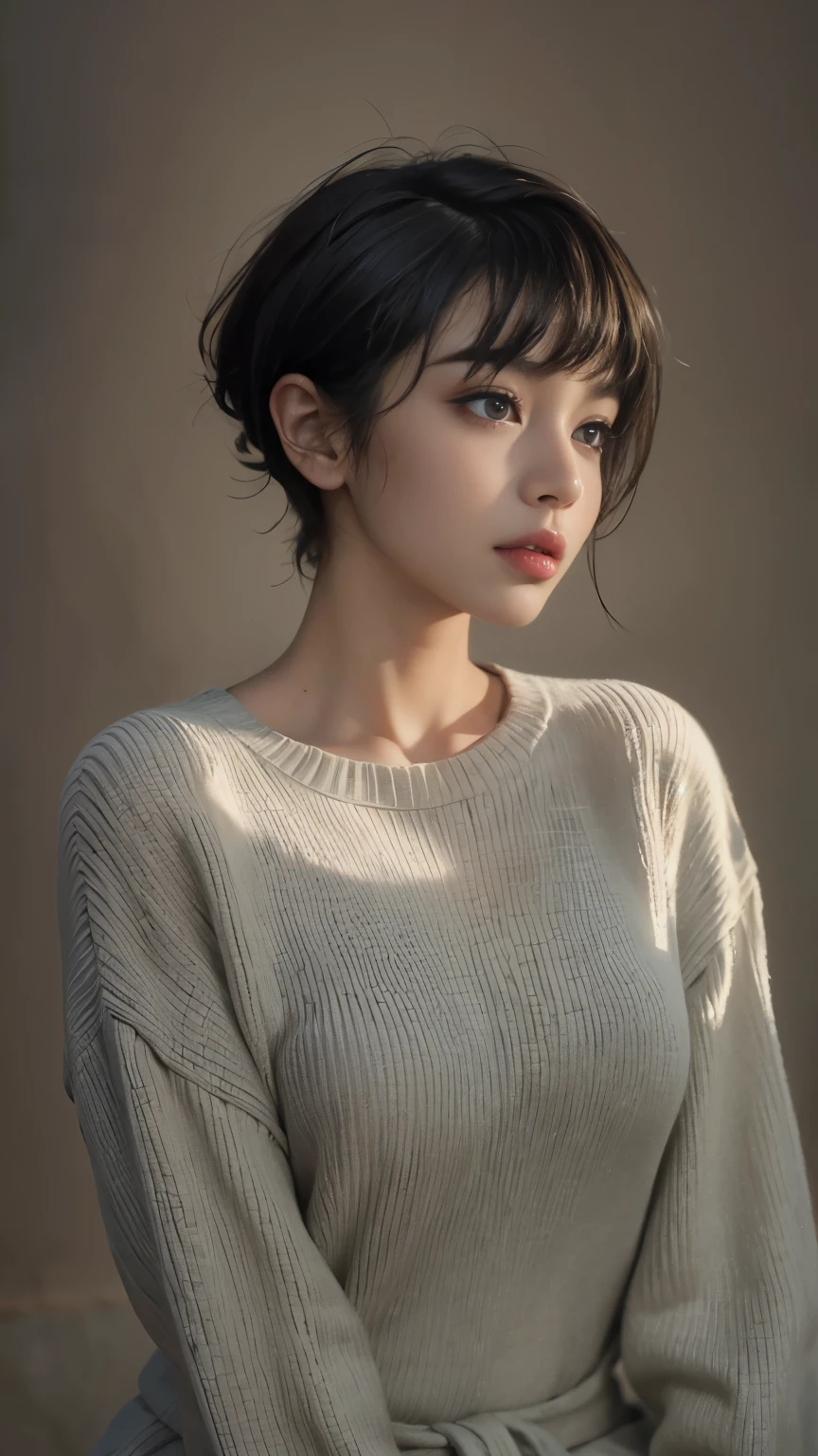 (masterpiece:1.3), (8k, Realistic, RAW Photos, highest quality: 1.4), (One girl), Beautiful Face, (Realistic Face), (Black Hair, short hair:1.3), Beautiful hairstyle, Realistic eyes, Beautiful fine details, (Realistic Skin), Beautiful Skin, (Tight sweater), Absurd, Charm, Ultra-high resolution, Ultra-realistic, Very detailed, Golden Ratio,Bust up shot