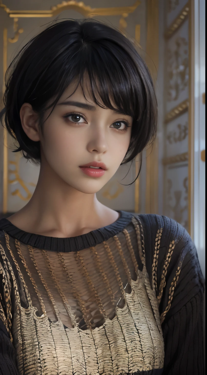 (masterpiece:1.3), (8k, Realistic, RAW Photos, highest quality: 1.4), (One girl), Beautiful Face, (Realistic Face), (Black Hair, short hair:1.3), Beautiful hairstyle, Realistic eyes, Beautiful fine details, (Realistic Skin), Beautiful Skin, (Tight summer knit sweater), Absurd, Charm, Ultra-high resolution, Ultra-realistic, Very detailed, Golden Ratio,Bust up shot