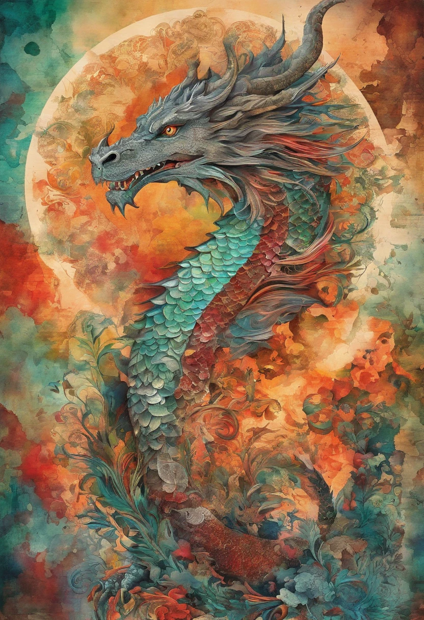 dragon cramoisi écarlate rougeoyant sage paisible face miroir, posture grand sage, regard sage paisible, fond soleil rayonnant flammes ::2 colorful ink painting ::2 art fantasy