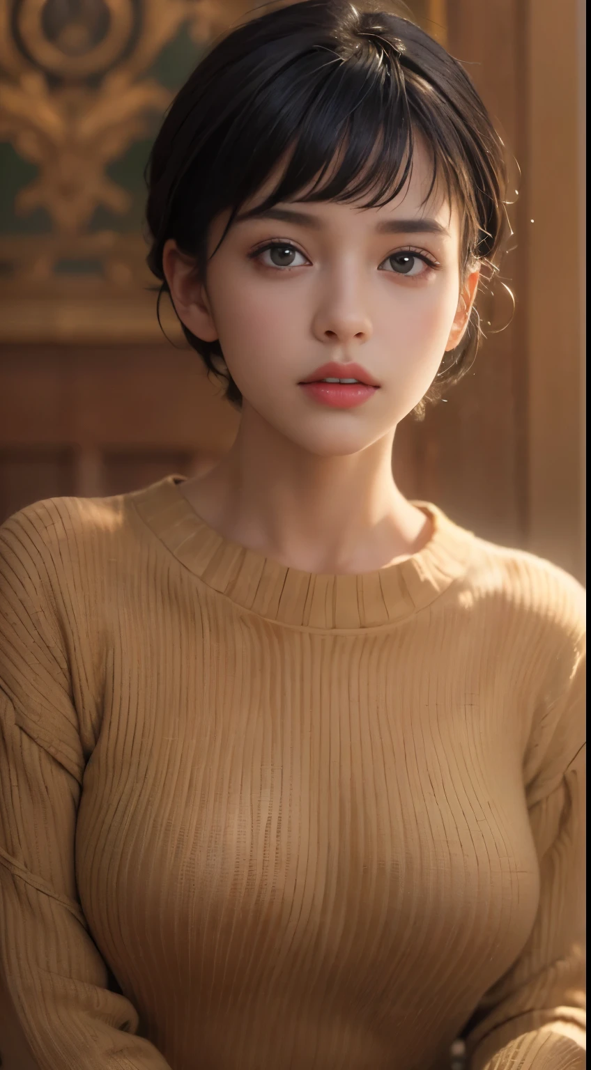 (masterpiece:1.3), (8k, Realistic, RAW Photos, highest quality: 1.4), (One girl), Beautiful Face, (Realistic Face), (Black Hair, short hair:1.3), Beautiful hairstyle, Realistic eyes, Beautiful fine details, (Realistic Skin), Beautiful Skin, (Tight summer knit sweater), Absurd, Charm, Ultra-high resolution, Ultra-realistic, Very detailed, Golden Ratio,Bust up shot
