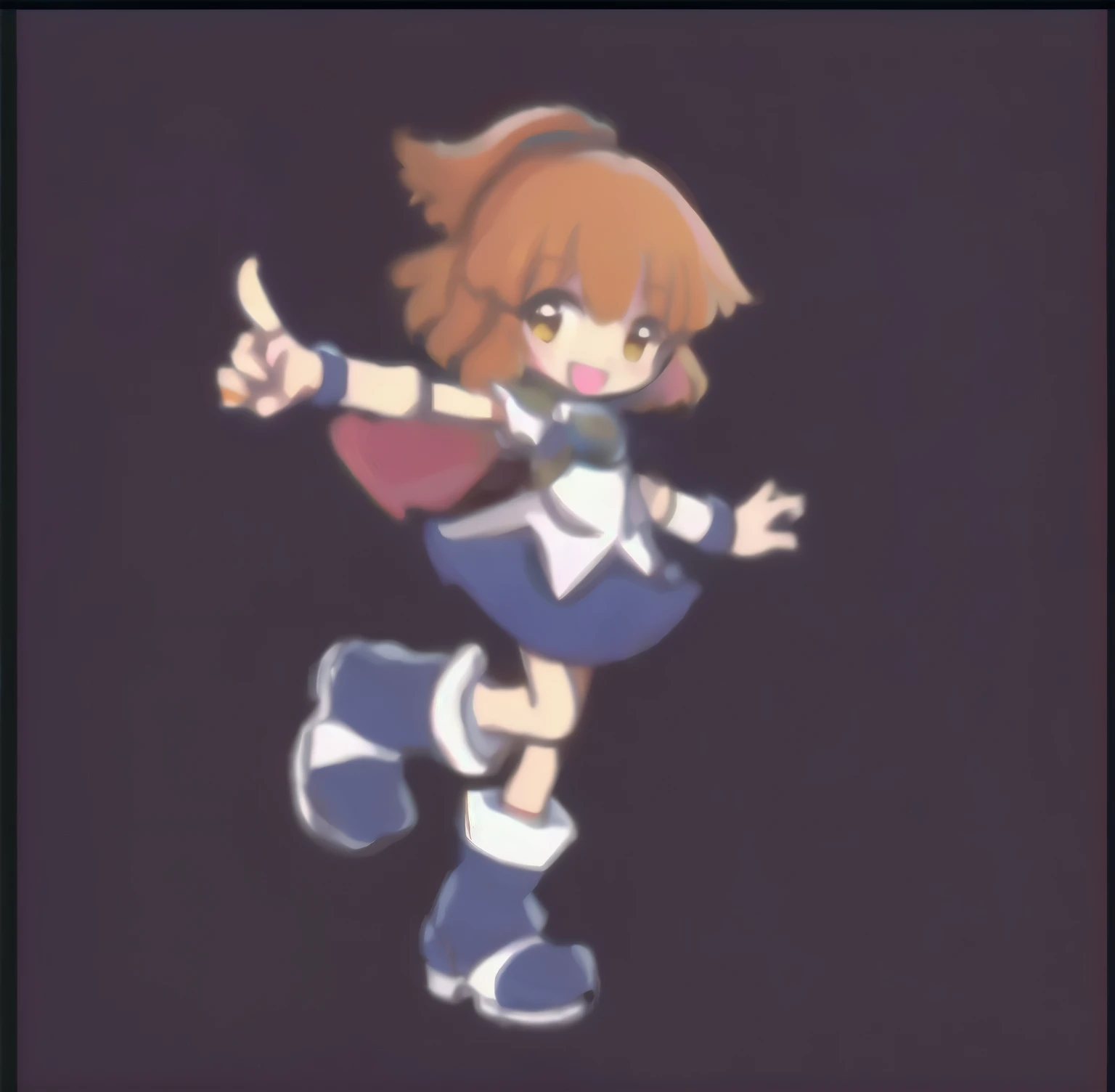 (masterpiece, best quality,highres,extremely detailed),break,
1 girl,chibi anime,arlenadja, 1girl, solo, skirt, brown hair, blue skirt, brown eyes, boots, short hair, half updo, blue footwear, knee boots, armor, :D,yellow eyes,break,
full body shot,smile,open mouth, standing , raise one leg,one arm down,one arm pointing,no background
