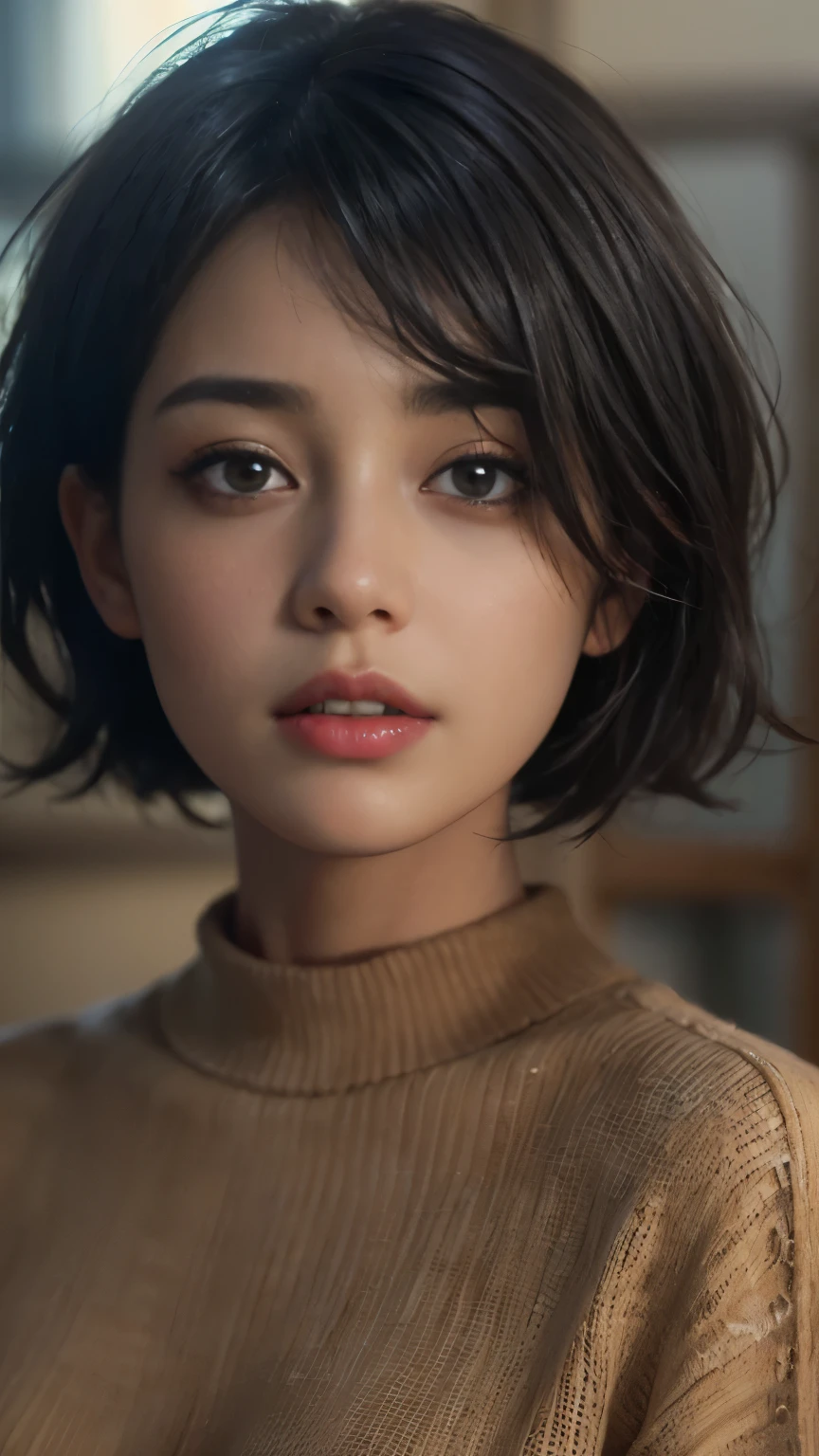 (masterpiece:1.3), (8k, Realistic, RAW Photos, highest quality: 1.4), (One girl), Beautiful Face, (Realistic Face), (Black Hair, short hair:1.3), Beautiful hairstyle, Realistic eyes, Beautiful fine details, (Realistic Skin), Beautiful Skin, (Tight sweater), Absurd, Charm, Ultra-high resolution, Ultra-realistic, Very detailed, Golden Ratio