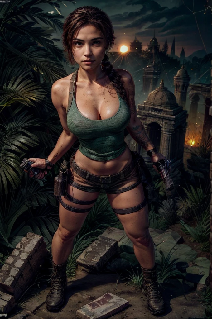  Tomb Raider epic scene Realistic masterpiece, vivid colors, 8k , HDR+ultra high quality image showing a beautiful and sexy Lara Croft , perfect fit body with huge natural breast popping in tight black cropped top , huge revealing neckline, she wear a small green kaki mini short and one holster gun strapped on her leg , perfect skin texture, shown to have a fairly slender figure. She has brown hair , she has long hair with a pony tail and large seductive green eyes, an old Aztec temple ruins far away in the background, in a epic Tomb Raider scene, ((full body shot viewed from above))standing in a natural and sexy pose , when the sky is full of bright colors, reflecting the light of the shinny sun on her perfect skin. Amazing mayans ruins scene in the background, The gorgeous sunset adds a magical atmosphere to the photo, and highlights the beauty of the moment  . The seductive expression on the girl's face and her playful contemplate at the viewer add an element of hotness and erotic tension to the picture. While the splendor of the  landscape in the style of a tomb raider epic scene reflect the girl's exploration and adventurous spirit., huge cleavage exposed, big breasts, superior quality, many details, Puri focus Sharp and realistic , black cropped top and a small mini green short , perfect hands, detailed hands, perfect eyes, detailed eyes, realistic, HDR, UHD, dynamic