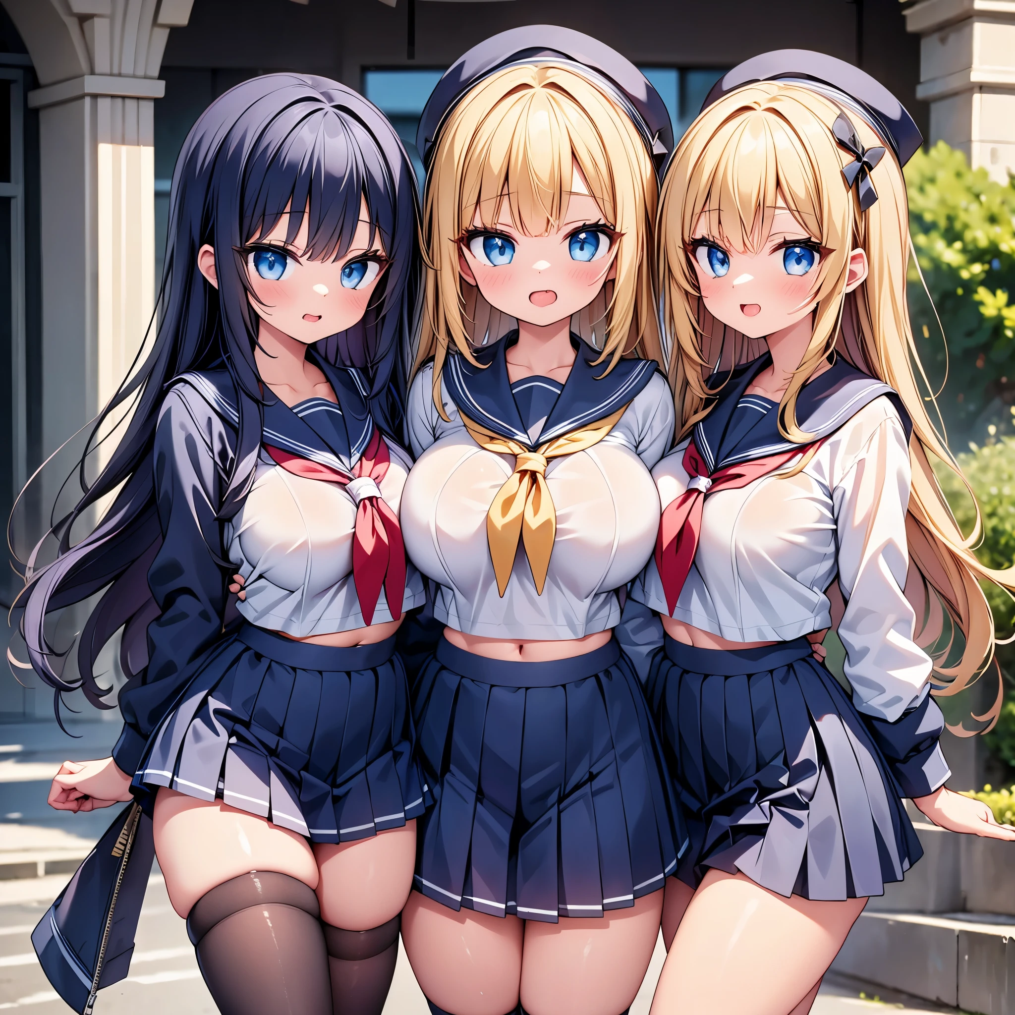 (cute eyes:1.2), (sparkling eyes:1.2), highest quality,wonderful,finely,extremely detailed CG Unity 8K wallpaper, (Stand in line:1.2), (3 girls, sailor uniform, clothed), (huge breasts), (open mouth:1.1), (long tongue:1.1), (mouth drool:1.1), (black stockings:1.1),(Thighs:1.3),(Waistline:1.1),(midriff peek:1.1)