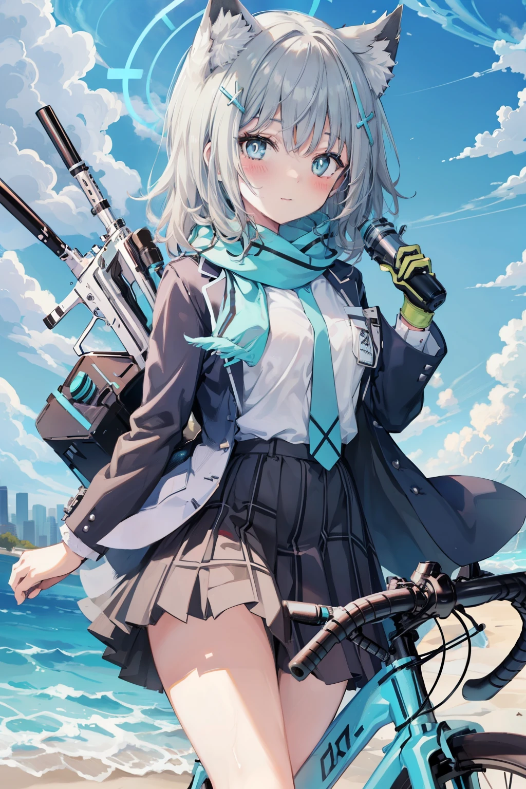 Sand Wolf Shiroko、Good looking girl (blush, Perfect Face), independent , Looking at the camera, masterpiece, Anime art style, Cute Characters, Most detailed, high quality、Nico Nico Smile、has a white gun、Riding a bicycle