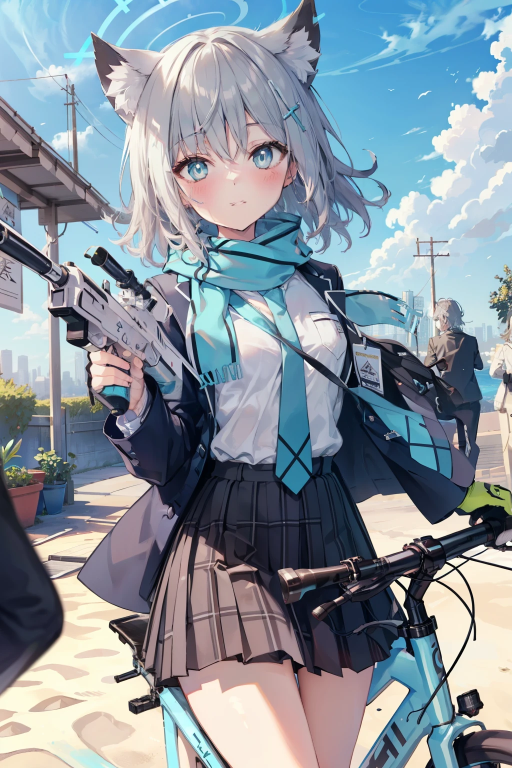 Sand Wolf Shiroko、Good looking girl (blush, Perfect Face), independent , Looking at the camera, masterpiece, Anime art style, Cute Characters, Most detailed, high quality、Nico Nico Smile、has a white gun、Riding a bicycle