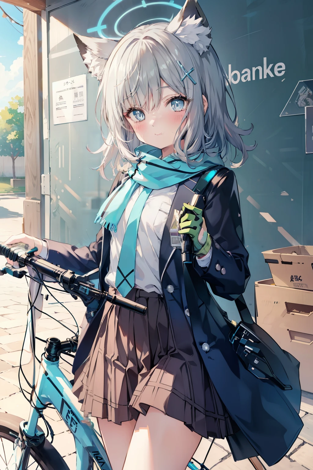 Sand Wolf Shiroko、Good looking girl (blush, Perfect Face), independent , Looking at the camera, masterpiece, Anime art style, Cute Characters, Most detailed, high quality、Nico Nico Smile、has a white gun、Riding a bicycle