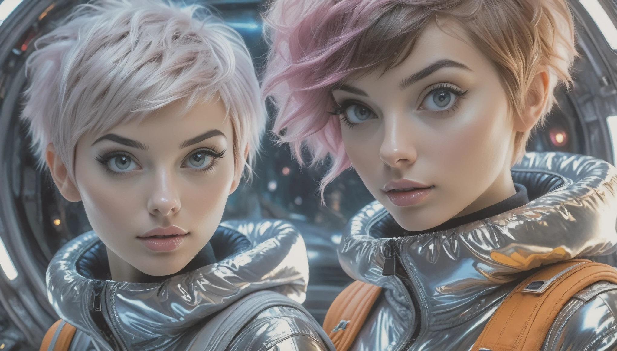 Top Quality, Masterpiece, High Resolution, 8k, ((2 cute barely legal girls in light pink blue open shiny puffer with plunging neckline, short sleeves, wide neckline, deep neckline, small perky breasts, extremely detailed face, detailed slightly open eyes, beautiful detailed lips, short asymmetrical pixie hair, small hips)), in a spaceship, on bed, intricate details, at night, backlit, random neon color, full body shot, view from distance, random pose