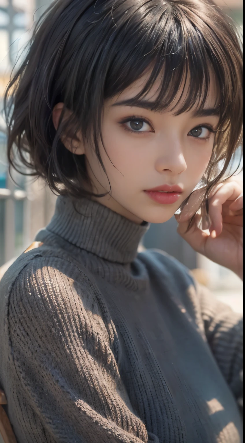 (masterpiece:1.3), (8k, Realistic, RAW Photos, highest quality: 1.4), (One girl), Beautiful Face, (Realistic Face), (Black Hair, short hair:1.3), Beautiful hairstyle, Realistic eyes, Beautiful fine details, (Realistic Skin), Beautiful Skin, (Tight summer knit sweater), Absurd, Charm, Ultra-high resolution, Ultra-realistic, Very detailed, Golden Ratio