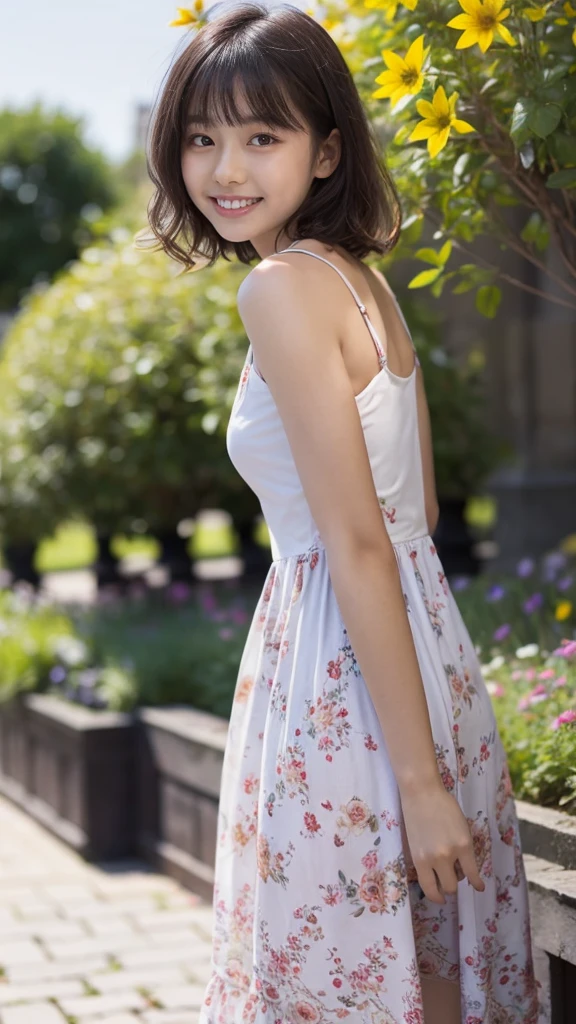 masterpiece, highest quality, disorganized, perfect anatomy, 1 girl, alone, pascal tales, short hair, beautiful, Hilarious, sunny day, botanical garden, Summer winds, sundress, Floral, wavy hair, smile
