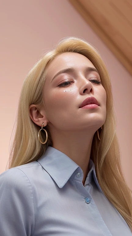 (1 29 year old blonde woman with long hair posing for a picture), (Beautiful blonde woman), (beautiful blonde woman), (She is blushing and making a kissy face:1.4), ((Her face is turned upwards:1.5)), Beautiful, well-cared for blonde, 8K Portrait, ((Front view of her from the ceiling:1.4)), Smooth blond woman, (Slim figure top model:1.2), breast enhancement, (Blonde Swedish woman), ((Blonde eyebrows raised,I have wrinkles on my brow:1.8)), ((Painful and rough breathing)), (Glossy long blonde hair), ((She's droopy eyes almost closed and Her eyes are brimming with tears:1.4)), ((she is looking up at the viewer from below:1.4)), ((Her thick plump and shiny lips half-open:1.5)), ((A photo from the shoulders up)), (A person in the center left and right, The whole head is shown:1.3), (Pastel colored buttoned collared blouse:1.3), (A very simple necklace and very simple earrings), Perfect Makeup, Light shining in your face in a dark room
