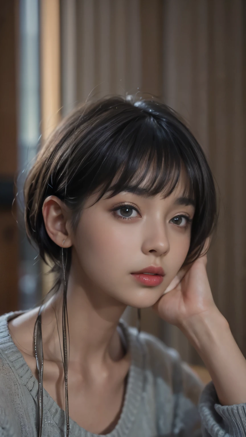 (masterpiece:1.3), (8k, Realistic, RAW Photos, highest quality: 1.4), (One girl), Beautiful Face, (Realistic Face), (Black Hair, short hair:1.3), Beautiful hairstyle, Realistic eyes, Beautiful fine details, (Realistic Skin), Beautiful Skin, (Tight sweater), Absurd, Charm, Ultra-high resolution, Ultra-realistic, Very detailed, Golden Ratio