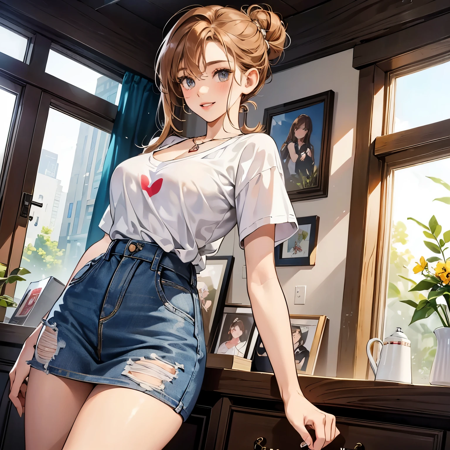 Detail image, realistic image, 1 girl. She has short brown hair, large light brown eyes and a delicate oval face, slightly large breasts and a slim, curvy figure. She is wearing a short white sleeveless shirt with straps. She also wore a dull gold-colored star pendant around her neck. She is wearing denim shorts and mid-thigh length stockings with low heeled shoes. View of ass. Ambient light. Volumetric light