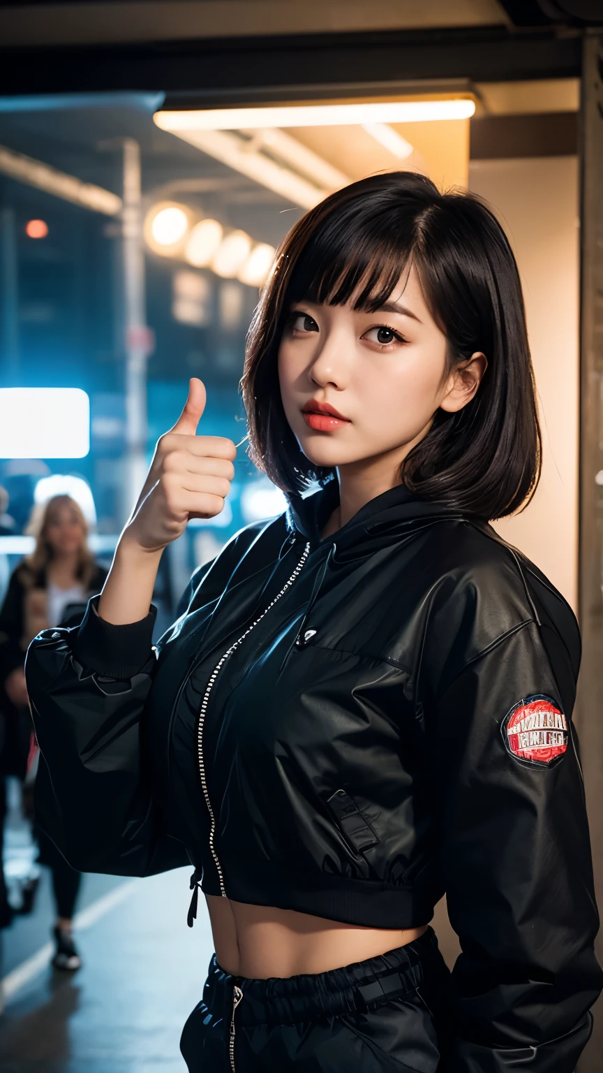 (Very fine eye), (((Fabric Shading))), (((highest quality))), (((masterpiece))) Saucy girl, (((Realistic))), Black Hair, Black Hair, Black Hair, Black Hair, chic hairstyle, ((Straight medium bob with bangs, nice hair)), Light makeup,Red eyes, I&#39;m not wearing lipstick,(((Retro-futuristic outfits))), ((Retro pose)), (((Game CG)) (nice, Saucy, It Girl), Fine Jewelry,, Strong night atmosphere, Has a strong retro feel, Cowboy Shot, Mid Shot, Centered Images, Focus on the camera, Elegant colors,Realistic Skin,Realistic texture,８k,whole body,17 years old,Korean women,彼女のBlack Hair, Medium Bob Cut,(((Terrible ruins))),Red iris,Expressionless,(((He is wearing a big black down jacket. ))),Glaring,Perfect Face,(((Big eyes))),She is wearing wide black hip-hop style pants.,Mouth closed,Watching the audience,A woman stands in front of the ruins at night, Roseanne Park from Blackpink, Trending on cgstation, Trending on cgstation, Black Pink&#39;s Joshi, portrait of aespaのウィンター,She is wearing black streetwear, Woman in black streetwear, Photo of a woman in black tech clothing, Girl wearing black hoodie, Cyberpunk Streetwear, Portrait of Jossi in Blackpink, Cyberpunk Streetwear street fashion e-girl,Thumbs up in front of chest