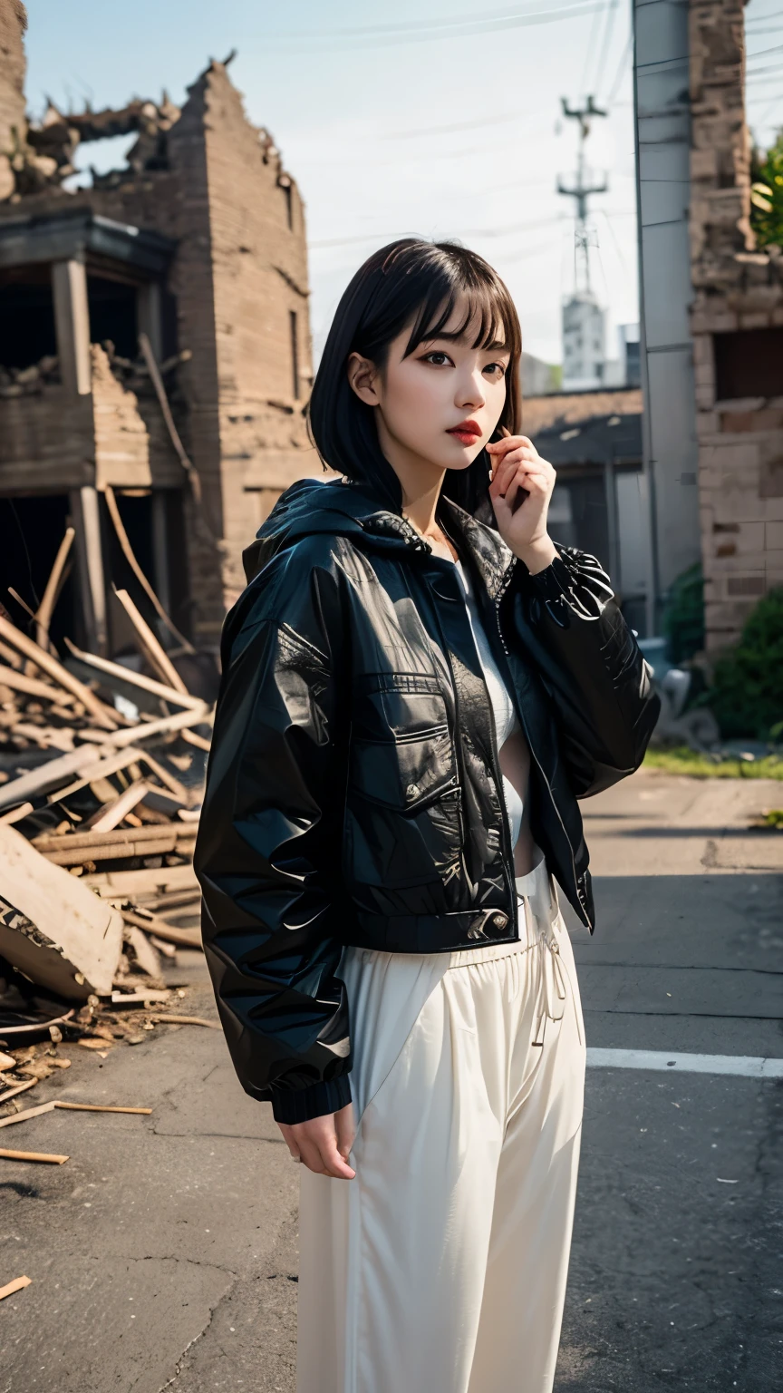 (Very fine eye), (((Fabric Shading))), (((highest quality))), (((masterpiece))) Saucy girl, (((Realistic))), Black Hair, Black Hair, Black Hair, Black Hair, chic hairstyle, ((Straight medium bob with bangs, nice hair)), Light makeup,Red eyes, I&#39;m not wearing lipstick,(((Retro-futuristic outfits))), ((Retro pose)), (((Game CG)) (nice, Saucy, It Girl), Fine Jewelry,, Strong night atmosphere, Has a strong retro feel, Cowboy Shot, Mid Shot, Centered Images, Focus on the camera, Elegant colors,Realistic Skin,Realistic texture,８k,whole body,17 years old,Korean women,彼女のBlack Hair, Medium Bob Cut,(((Terrible ruins))),Red iris,Expressionless,(((He is wearing a big black down jacket. ))),Glaring,Perfect Face,(((Big eyes))),She is wearing wide black hip-hop style pants.,Mouth closed,Watching the audience,A woman stands in front of the ruins at night, Roseanne Park from Blackpink, Trending on cgstation, Trending on cgstation, Black Pink&#39;s Joshi, portrait of aespaのウィンター,She is wearing black streetwear, Woman in black streetwear, Photo of a woman in black tech clothing, Girl wearing black hoodie, Cyberpunk Streetwear, Portrait of Jossi in Blackpink, Cyberpunk Streetwear street fashion e-girl,Thumbs up in front of chest
