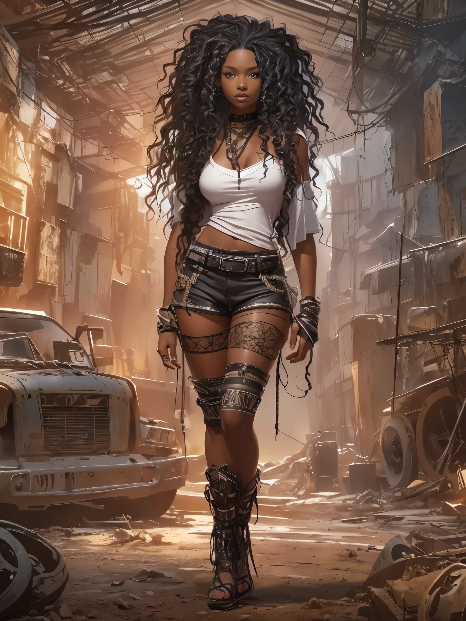 ((21-year-old))) black girl, (((light skin))),  (((close-up full body pose))),  (((long wavy black hair))), (((silk thigh highs with skimpy shorts))), (((wearing post-apocalyptic clothing, short sleeve white shirt, unbuttoned half way))), African tribal tattoo sleeve, dark fantasy art, Rich, Deep Colors, (intricate details), (HDR, hyper-detailing:1.2), (natural skin textures, hyper realistic, soft light, Sharp),(half body image:1.5)