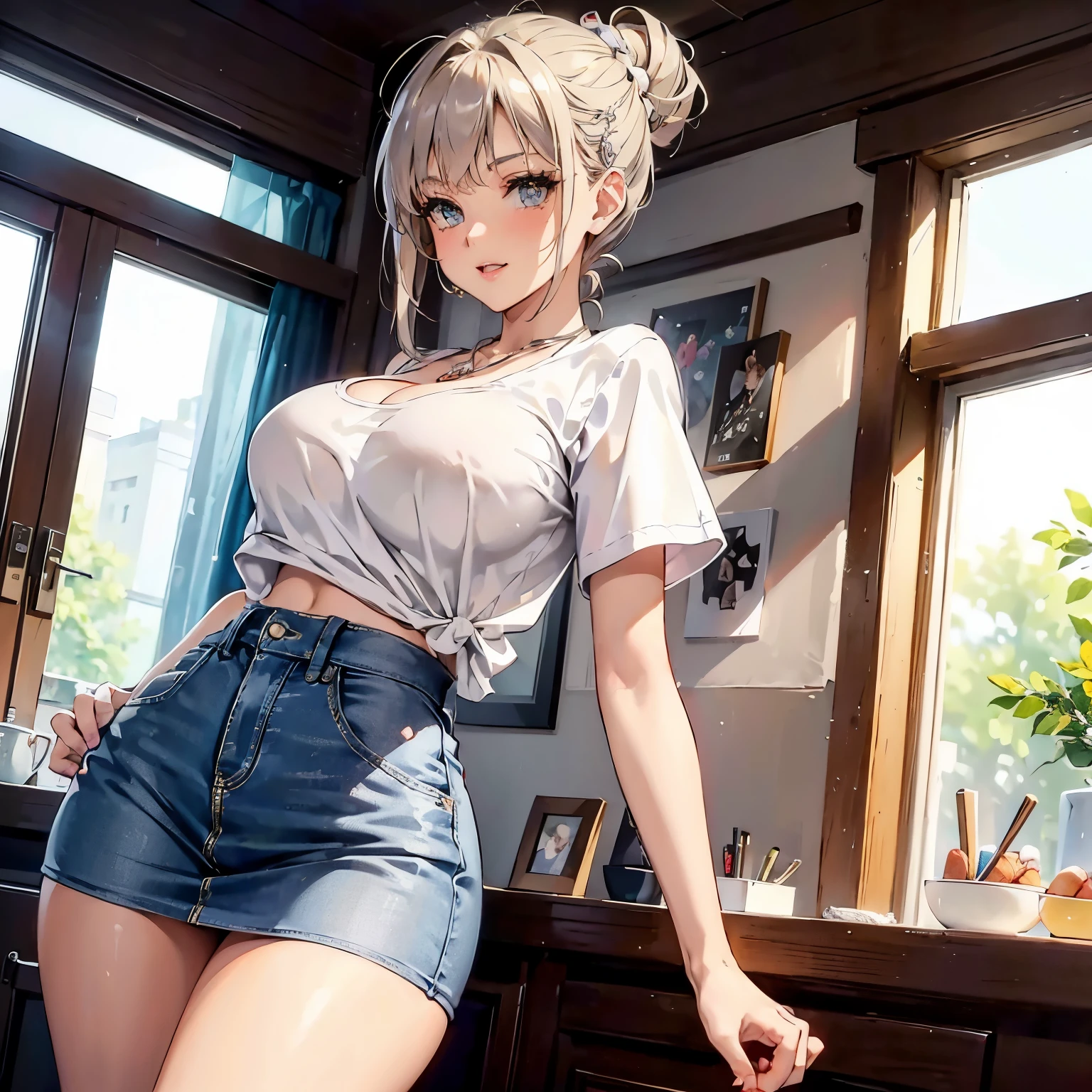 1 girl, school, youthfull innocence, masterpiece, hazel eyes, chestnut hair, heart-shaped face, fitted white T-shirt with a slightly low neckline, showcasing a hint of cleavage, high-waisted denim skirt hugs Ava's curves, accentuating her hourglass figure. The skirt falls just above the knee, revealing a glimpse of her toned legs, simple silver necklace with a delicate pendant, Ava's hair is styled in a messy bun, with a few loose strands framing her face. pair of white sneakers, rolls up the sleeves of her T-shirt, carries a worn paperback book with her, playfull smile, nails are painted in a bold shade of red. Delicate nose, full lips, and a well-defined jawline, blemish-free. Age: 13 years
Height: 5'2" (157 cm)
Weight: 95 lbs (43 kg)
Measurements: 32-24-34 (with a perky 32B-cup size)