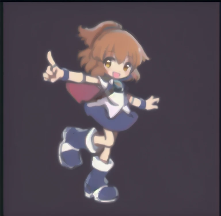 (masterpiece, best quality,highres,extremely detailed),break,
1 girl,chibi anime,arlenadja, 1girl, solo, skirt, brown hair, blue skirt, brown eyes, boots, short hair, half updo, blue footwear, knee boots, armor, :D,yellow eyes,break,
full body shot,smile,open mouth, standing , raise one leg,one arm down,one arm pointing,no background
