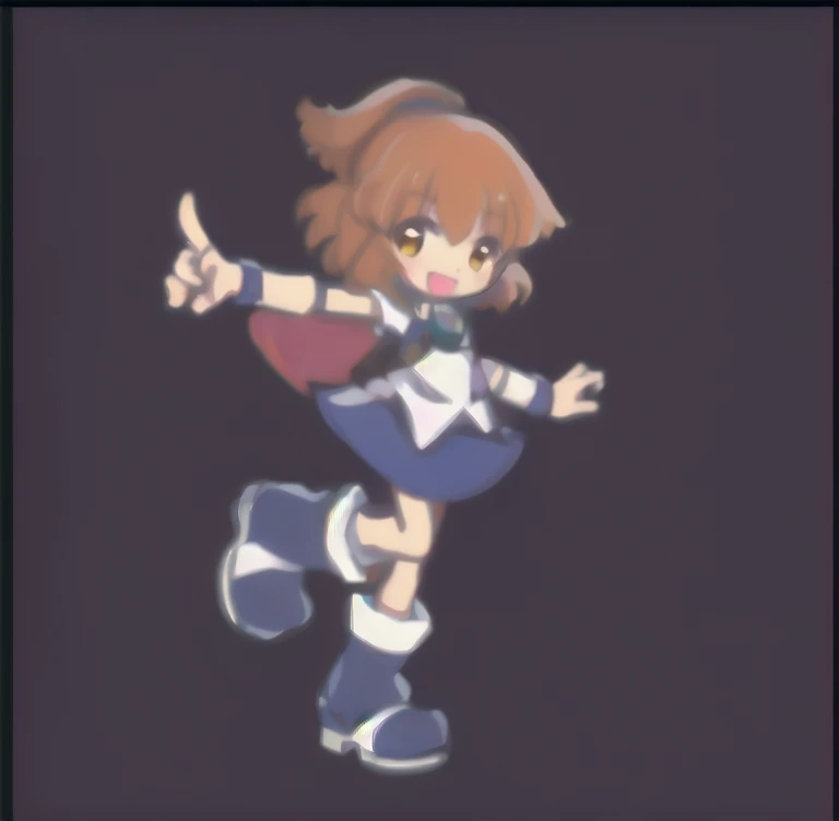 (masterpiece, best quality,highres,extremely detailed),break,
1 girl,chibi anime,arlenadja, 1girl, solo, skirt, brown hair, blue skirt, brown eyes, boots, short hair, half updo, blue footwear, knee boots, armor, :D,yellow eyes,break,
 full body shot,smile,open mouth, standing , raise one leg,one arm down,one arm pointing,no background
