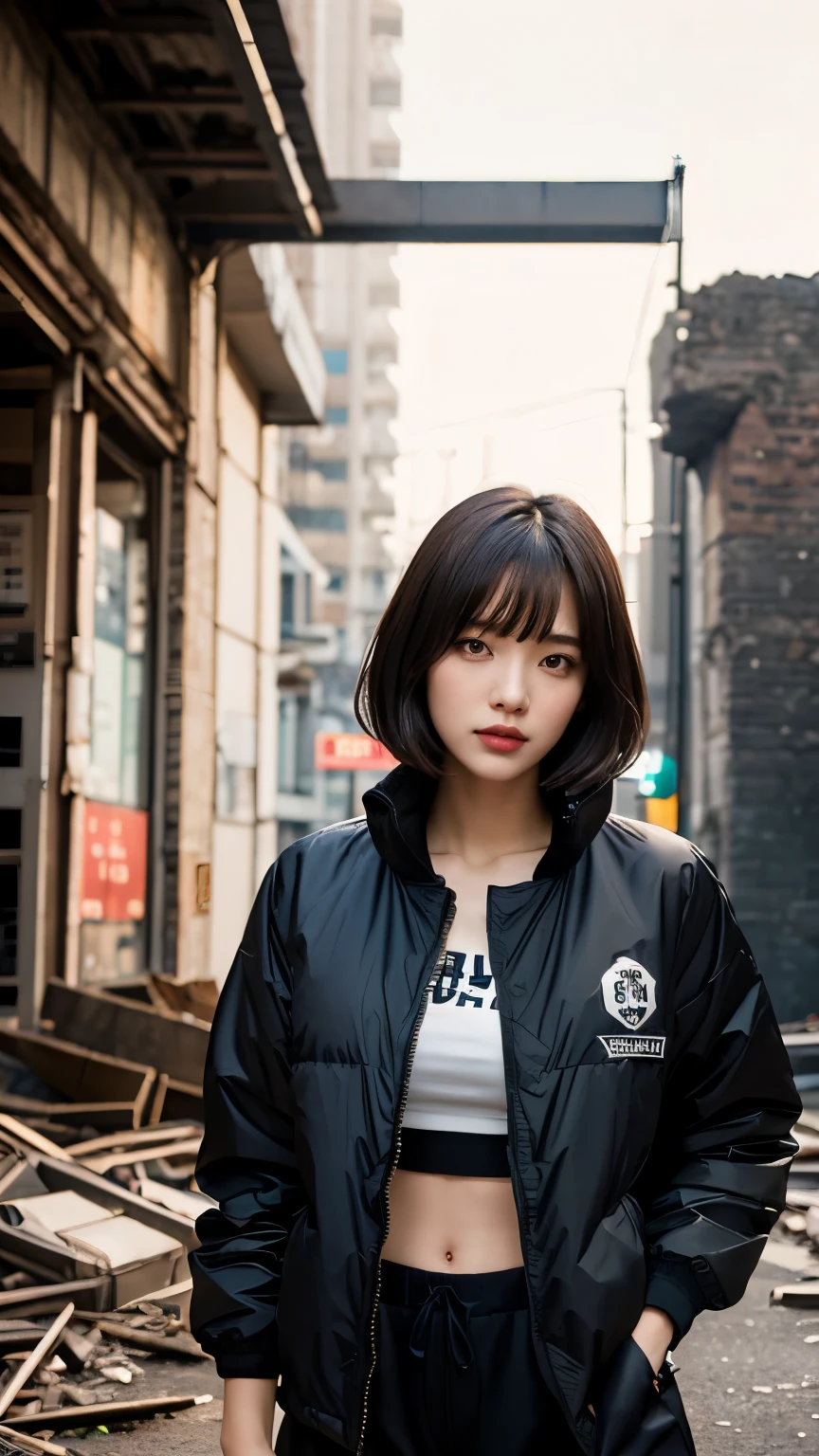 (Very fine eye), (((Fabric Shading))), (((highest quality))), (((masterpiece))) Saucy girl, (((Realistic))), Black Hair, Black Hair, Black Hair, Black Hair, chic hairstyle, ((Straight medium bob with bangs, nice hair)), Light makeup,Red eyes, I'm not wearing lipstick,(((Retro-futuristic outfits))), ((Retro pose)), (((Game CG)) (nice, Saucy, It Girl), Fine Jewelry,, Strong night atmosphere, Has a strong retro feel, Cowboy Shot, Mid Shot, Centered Images, Focus on the camera, Elegant colors,Realistic Skin,Realistic texture,8k,whole body,17 years old,Korean women,彼女のBlack Hair, Medium Bob Cut,(((Terrible ruins))),Red iris,Expressionless,(((He is wearing a big black down jacket. ))),Glaring,Perfect Face,(((Big eyes))),She is wearing wide black hip-hop style pants.,Mouth closed,Watching the audience,A woman stands in front of the ruins at night, Roseanne Park from Blackpink, Trending on cgstation, Trending on cgstation, Black Pink's Joshi, portrait of aespaのウィンター,She is wearing black streetwear, Woman in black streetwear, Photo of a woman in black tech clothing, Girl wearing black hoodie, Cyberpunk Streetwear, Portrait of Jossi in Blackpink, Cyberpunk Streetwear street fashion e-girl,holding a credit card in front of one's chest