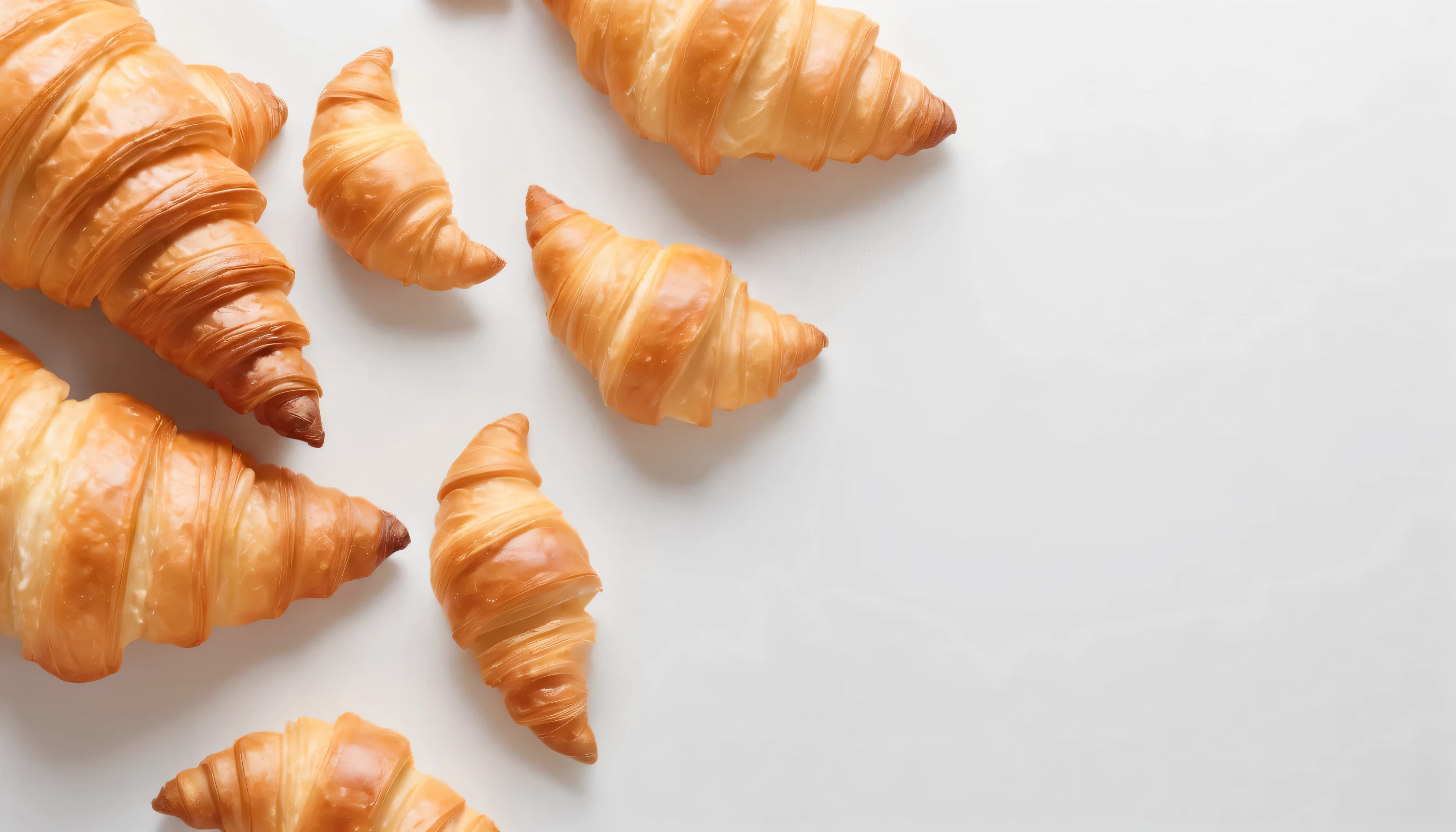 8k, original photo, best quality, On the table,Practical, Photorealistic,Be focused, ,Professional lighting,forward lighting,brake,White background,Croissants,copy space