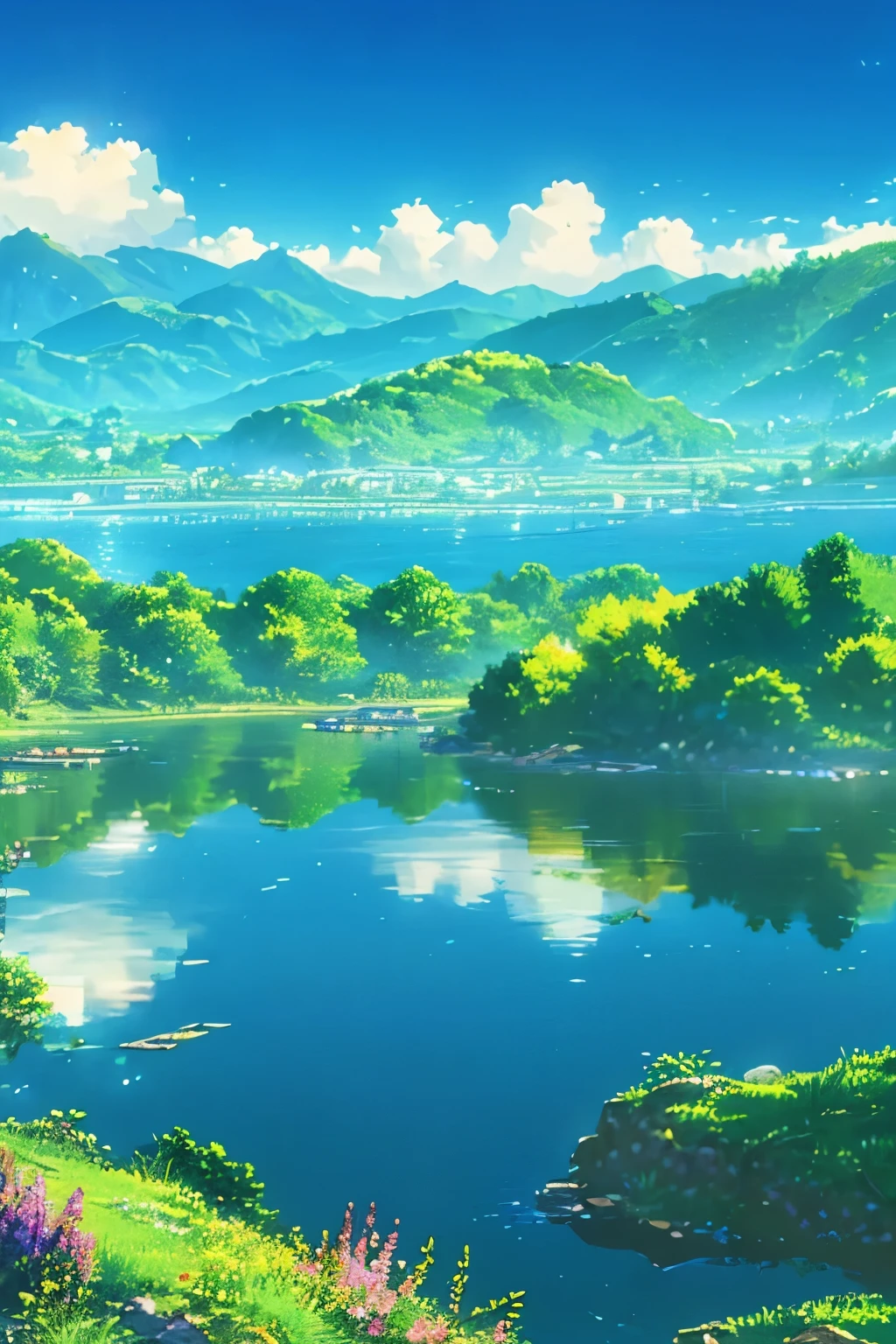 (gorgeous, breathtaking, stunning, picturesque, vibrant) landscape,(best quality, 4k, ultra high quality) resolution, (realistic, photorealistic) details, (vivid colors, vibrant hues), (beautiful, dramatic) lighting, (panorama, wide-angle view), (lush, green) foliage, (majestic, towering) mountains, (crystal clear, reflection) in the lake, (tranquil, serene) atmosphere, (soft, gentle) breeze, (peaceful, idyllic) surroundings, (harmonious, balanced) composition, (captivating, mesmerizing) scenery