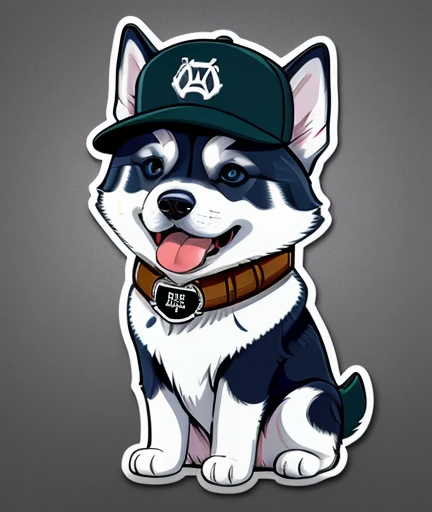 sticker, vector-art, cute cartoon of dog, Cute Siberian husky wearing a baseball cap