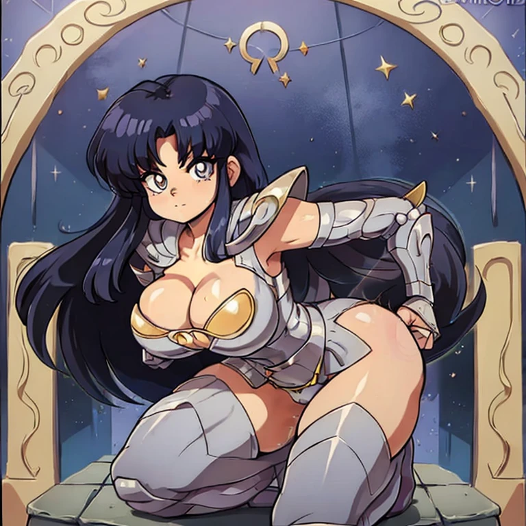 Akane tendo, cabello azul, Cabello corto, ojos azules, ojos detallados, cara de placer, muslos, pechos grandes, cuerpo completo, pose vulgar, vulgar, pechos vulgares, escote muy grande, senos grandes, armadura dorada, Saint Seiya Zodiac, Zodiac Sagittarius gold Armor, armadura brillante, sexy Armor, pose sexy Cleavage Bulge, bursting Breasts, Spilling Out, pose sexy