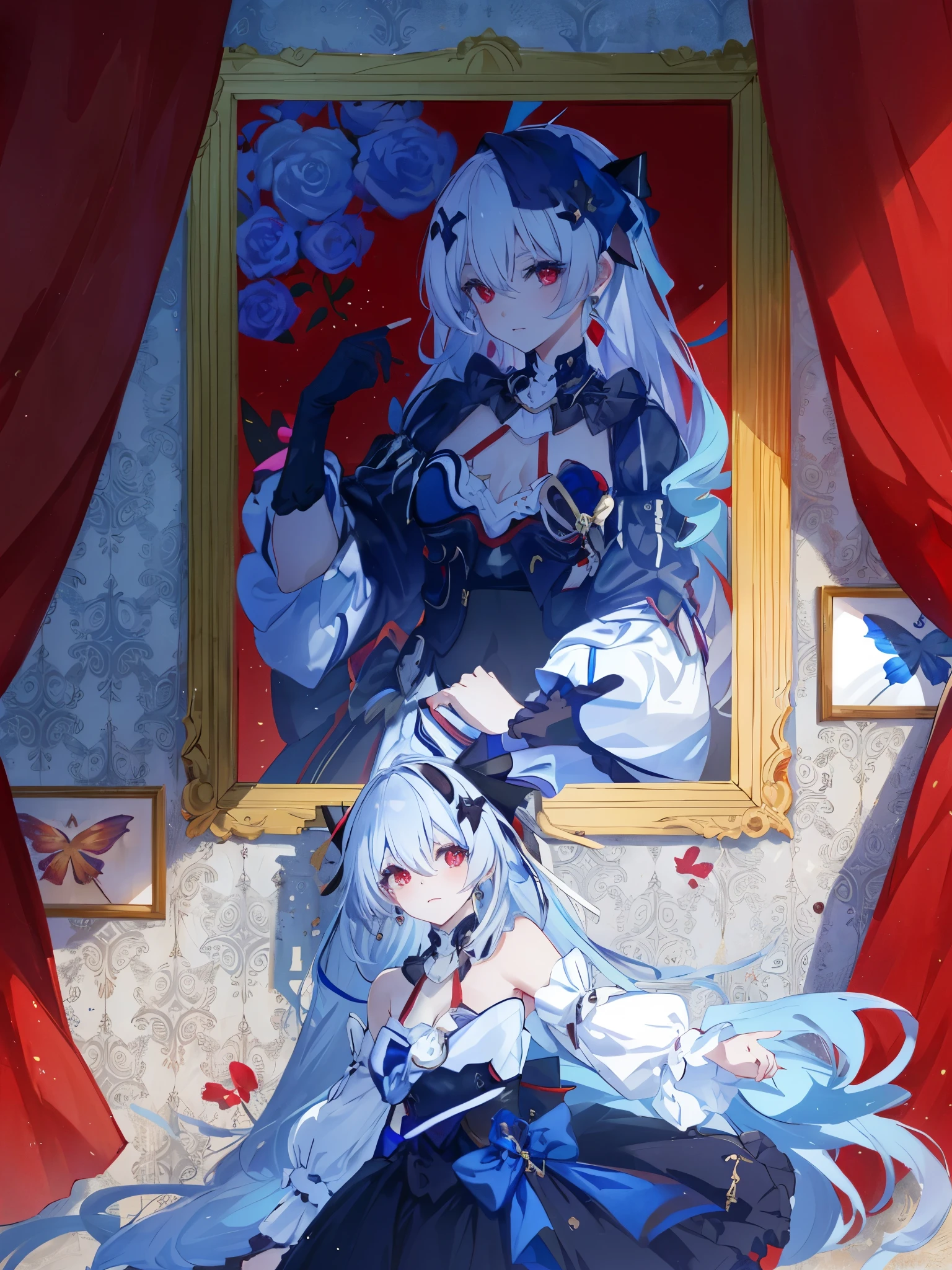 anime girl with blue hair and a black dress standing in front of a painting, rem rezero, zerochan art, 2d art, 2 d art, 2 d anime, vocaloid, anime art wallpaper 8 k, , pixiv contest winner, digital art on pixiv, splash art anime , by Kamagurka, pixiv, masterpiece, best quality, ultra-detailed, glistening shiny, glowing light, ray tracing, HDR, deph of field, (perfect face, detailed face, detailed eyes,perfect hands,perfect fingers), 8k,HD,ultra realistic face,ray tracing,perfect lighting,best quality, ultra-detailed, shiny eyes, thicc, dayuexia, theresa apocalypse, earrings, dress, detached sleeves, hair ornament, hair ribbon, veil, high heel boots, asymmetrical legwear, detached collar, assertive female, mature female, ((red eyes, moon night, night))