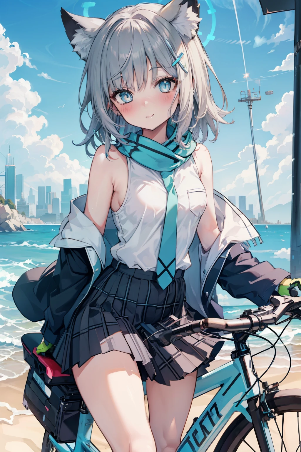 Sand Wolf Shiroko、Good looking girl (blush, Perfect Face), independent , Looking at the camera, masterpiece, Anime art style, Cute Characters, Most detailed, high quality、Nico Nico Smile、has a white gun、Riding a bicycle