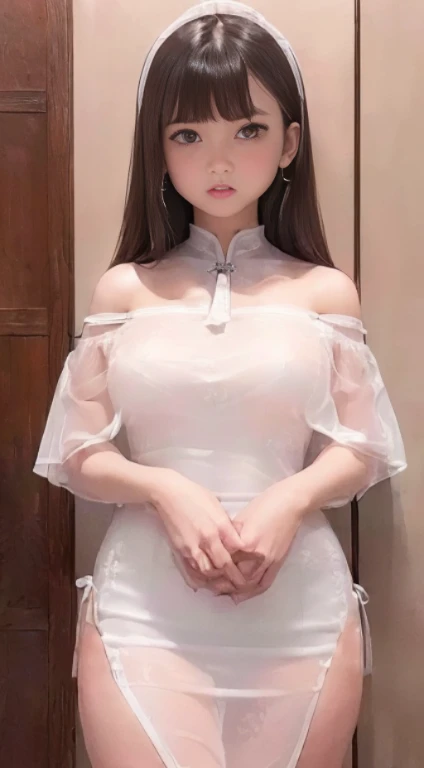 （nsfw）,​masterpiece,top-quality,hight resolution,（Long black hair）,爆乳,Ideal Beauty,frontage,fullbody image,is standing,女の子1人,（White cheongsam with transparent pattern:1.3）（sleeveless）,（halterneck）,(Sheer breasts:1.1),(Transparent navel:1.1),（Sheer pubic hair:1.1）（No bra）,（No panties）
