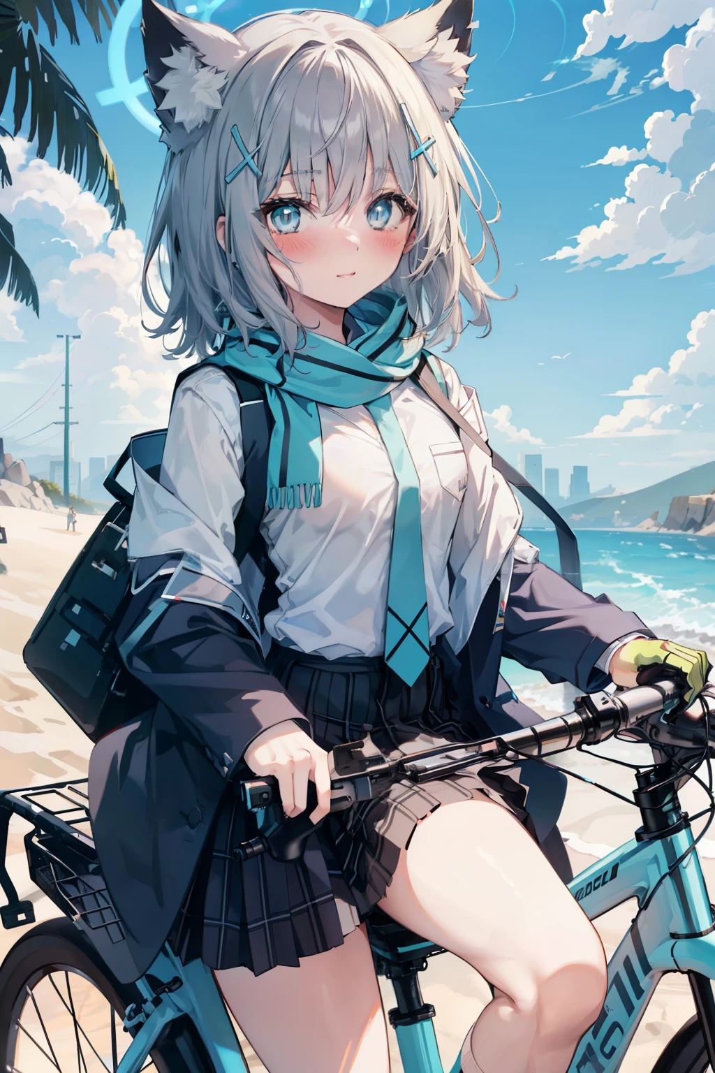 Sand Wolf Shiroko、Good looking girl (blush, Perfect Face), independent , Looking at the camera, masterpiece, Anime art style, Cute Characters, Most detailed, high quality、Nico Nico Smile、has a white gun、Riding a bicycle