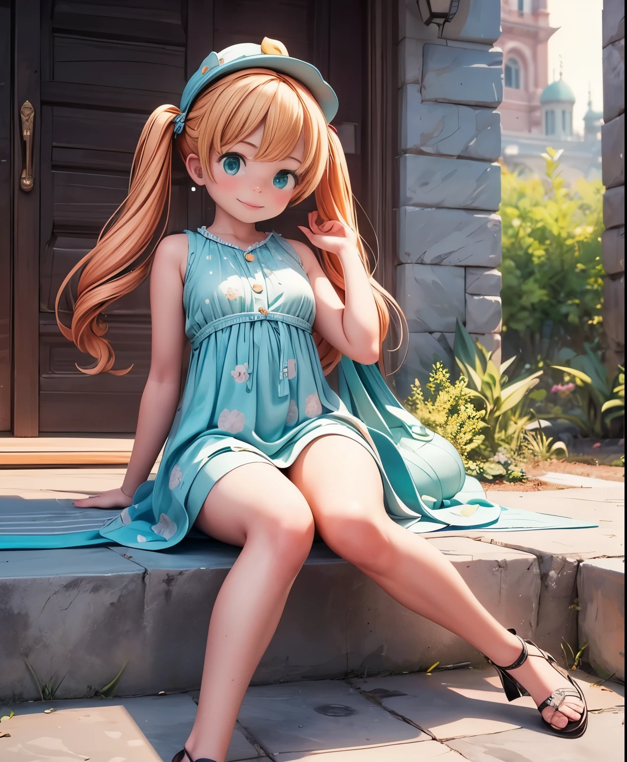 A picturesque 3D render of a sunny beach on a warm summer day, showcasing the perfect setting for relaxation and joy. Two adorable anime girls are seen in the foreground, one in a short skirt and the other in a 2-piece nightgown. Both have cute hair clips and are enjoying the serene atmosphere. The sign "VICTORIA VR" is visible in the background, indicating a virtual reality experience. The light white sunny morning is captured with a wide viewing angle, allowing the viewer to fully immerse themselves in the tranquil and beautiful scene., anime, 3d render, photo