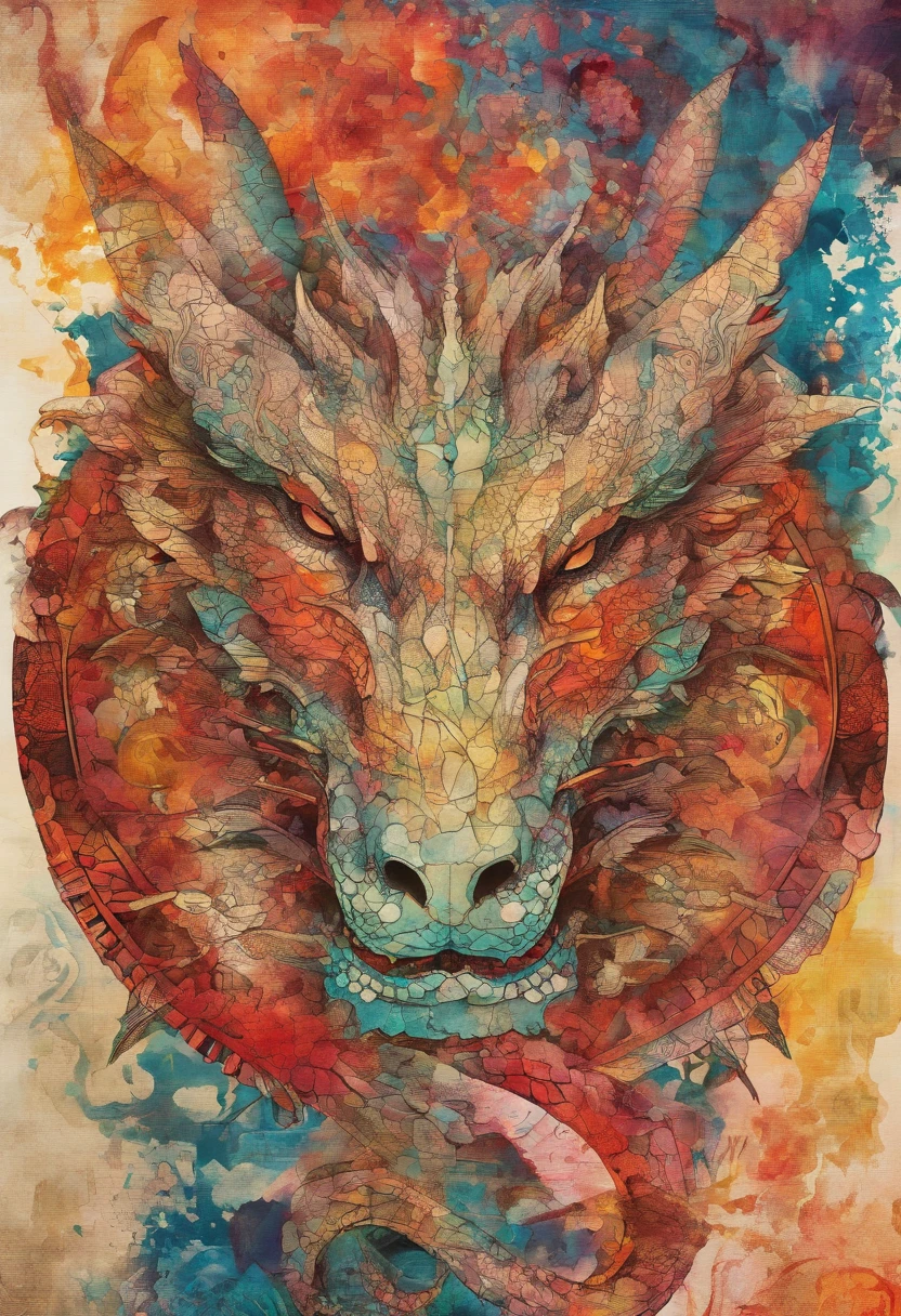 dragon cramoisi écarlate rougeoyant, sagesse, discernement, posture face miroir, regard paisible scrutateur, fond soleil rayonnant flammes ::2 colorful ink painting ::2 art fantasy